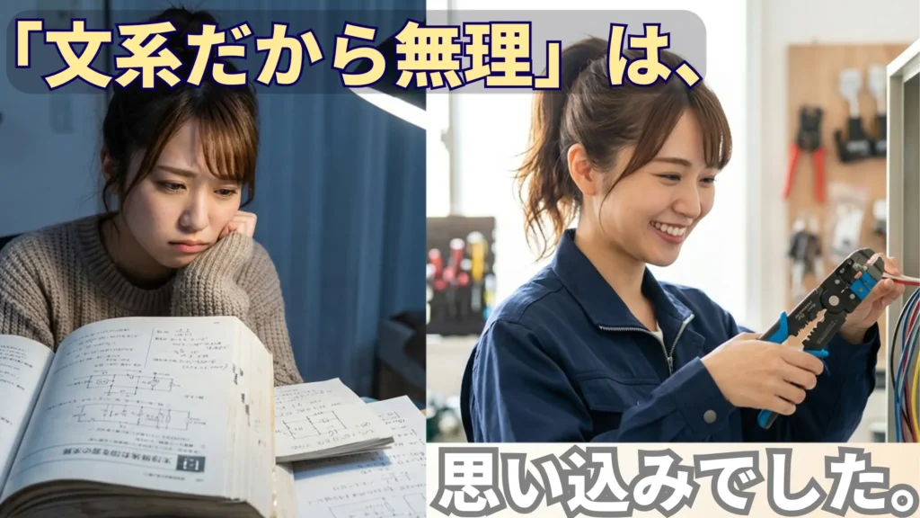 第二種電気工事士試験に挑む女性エンジニアの姿。「『文系だから無理』は、思い込みでした。」というキャッチコピー。