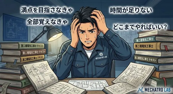 大量の参考書を前に「満点を目指さなきゃ」と悩み、勉強時間の迷路にはまるエンジニアのイラスト。独学初期の焦りを表現。