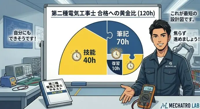 第二種電気工事士合格への勉強時間の黄金比(筆記70h・技能40h・復習10h)をホワイトボードで解説する現役エンジニアの図解。