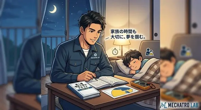 子供が寝静まった夜に、家族との時間を大切にしながら静かに第二種電気工事士の勉強に励むパパエンジニアの様子。