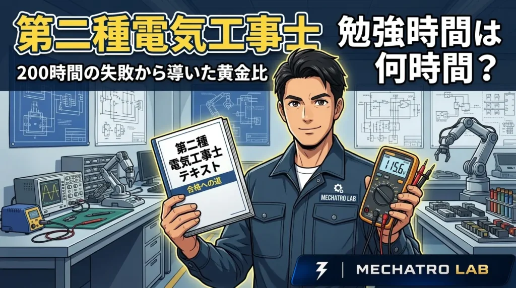 第二種電気工事士の勉強時間の黄金比を解説する現役エンジニア。200時間の失敗から導き出した効率的な学習ロードマップを提案するアイキャッチ画像。