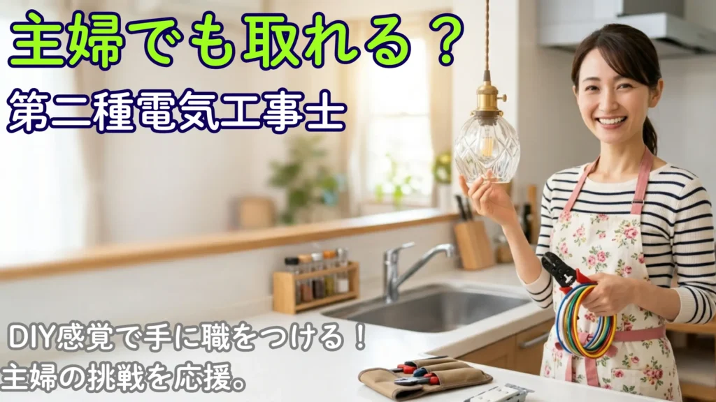 エプロン姿で笑顔の主婦がペンチと電線を持ち、キッチンでDIYを楽しむ様子。第二種電気工事士の資格取得をイメージした写真。