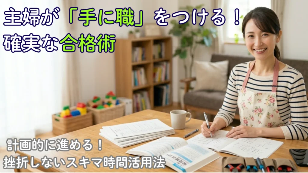 リビングのデスクでエプロン姿の女性がテキストを広げ、育児の合間に第二種電気工事士の勉強を計画的に進めている様子。主婦の合格戦略をイメージした写真。