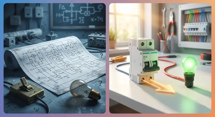 電気回路の仕組みを「スイッチとランプ」の単純なロジックで解説した比較図。