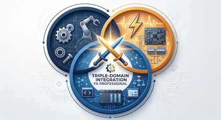 三刀流エンジニアが定義する「機械・電気・ソフト（PLC）」の融合概念図。