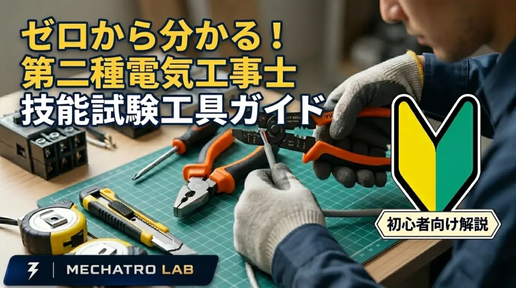 第二種電気工事士技能試験に必須のおすすめ工具5選を、初心者向けに解説した記事のアイキャッチ画像です。作業グローブを着用した手が、VVFストリッパーでケーブルを剥く様子や、ペンチ、ドライバー、カッターナイフ、メジャーなどが並べられた様子を描写しており、これから技能試験に臨む初心者が『迷ったらこれ！』と直感的に理解できるデザインになっています。画像内には、目立つ黄色の文字で『ゼロから分かる！第二種電気工事士技能試験工具ガイド』というタイトルが入り、初心者マークと『初心者向け解説』というラベルが添えられています。左下には『MECHATRO LAB』のロゴが配置されています。技能試験対策として、どのような工具を揃えるべきか、どのような役割があるのかを知りたい読者のクリックを誘発する内容になっています。