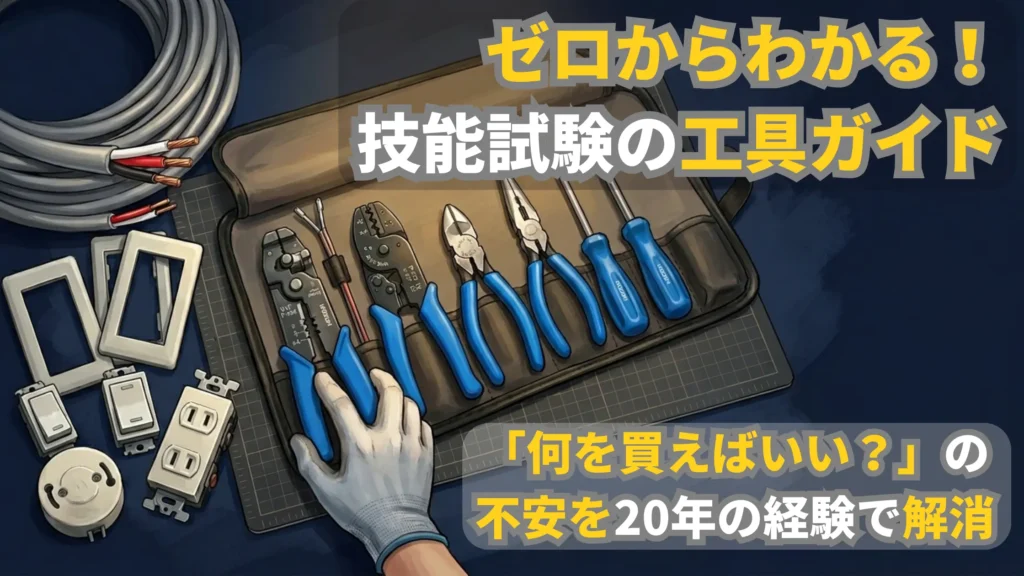 机の上に並んだ電気工事士の工具と材料、そして作業を始めようとする人の手のイラスト。初心者向けの技能試験準備ガイド。