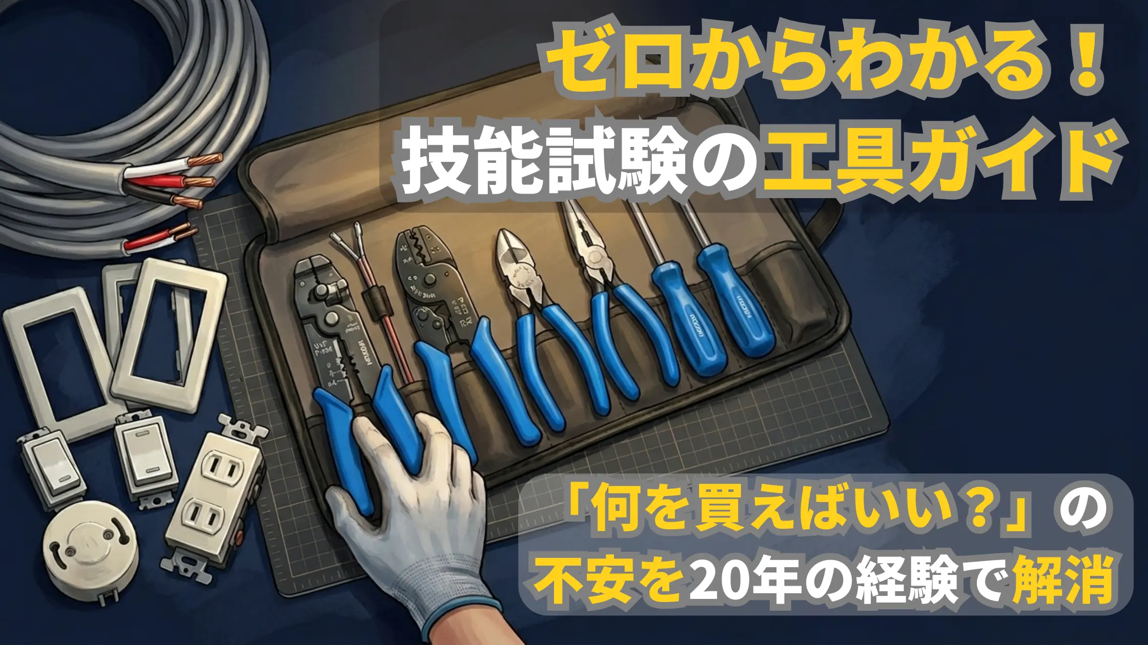 机の上に並んだ電気工事士の工具と材料、そして作業を始めようとする人の手のイラスト。初心者向けの技能試験準備ガイド。