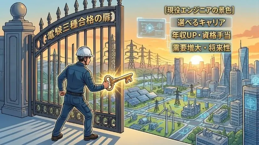 電験三種取得後のキャリアの広がりを表現したイラスト。エンジニアがゴールドに輝く鍵で「電験三種合格の扉」を開けると、その先に太陽光パネルや近代的な都市が広がる未来の景色が見える様子。空には年収UPや需要増大などのメリットが浮かんでいる。