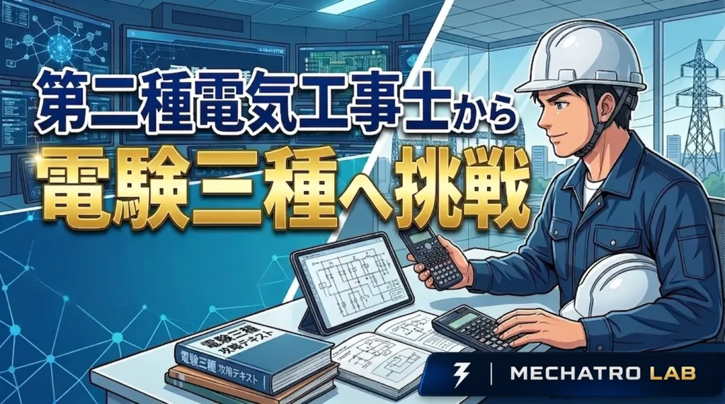 第二種電気工事士から電験三種への挑戦をテーマにしたアイキャッチ画像。デスクで関数電卓やテキスト、回路図が表示されたタブレットを見つめるヘルメット姿のエンジニアが描かれている。上部には「第二種電気工事士から電験三種へ挑戦」のテキスト。