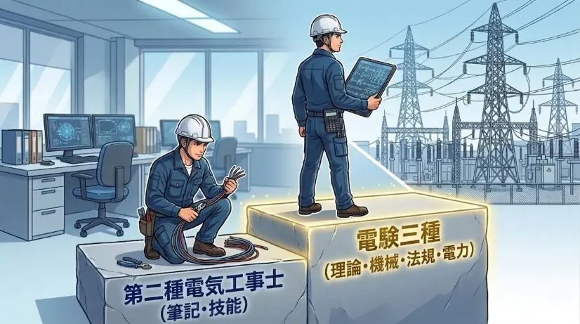 第二種電気工事士から電験三種へのステップアップを表現した図解。1段目に「第二種電気工事士」、2段目に「電験三種」と書かれた石の階段を、ヘルメット姿のエンジニアが一段ずつ着実に上っている様子。
