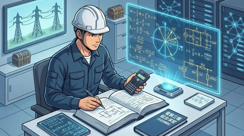 電験三種の理論科目の計算問題に集中して取り組むエンジニアのイラスト。デスクには関数電卓と開かれたテキストがあり、数式やベクトル図がホログラムで浮かび上がっている。冷静に難問を攻略しようとする専門家の姿。