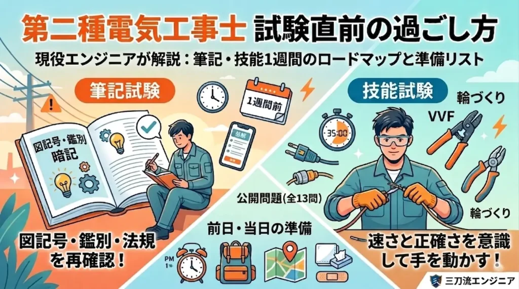 「第二種電気工事士 試験直前の過ごし方」をテーマにしたブログのアイキャッチ。画像は斜めに分割され、左側のオレンジ色のエリアには「筆記試験」の対策として、テキストを開き図記号や法規の暗記を冷静に進める人物が描かれている。右側の青色のエリアには「技能試験」の対策として、作業着を着て工具（ストリッパー、ペンチ）を使い、輪づくりなどの作業に集中する人物が描かれている。中央には「1週間前」を示すカレンダーと時計、スマートフォンが配置され、下部にはリュックサックや地図、ばんそうこうなどの「前日・当日の準備」リストが並ぶ。右上には「速さと正確さを意識して手を動かす！」というキャッチコピーと、右下には「三刀流エンジニア」のロゴマークが配置されている。