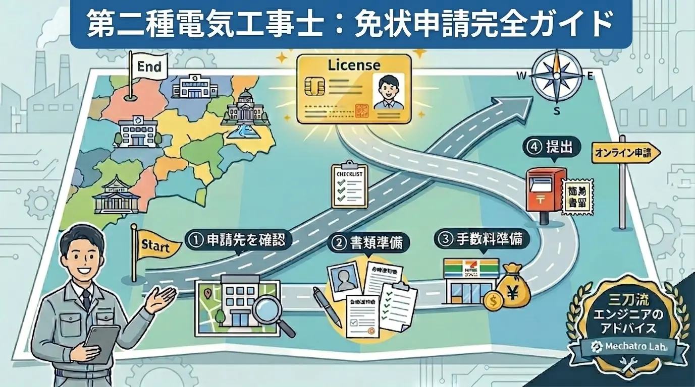 第二種電気工事士の免状申請手順を解説したイラスト地図。申請先の確認から書類・手数料の準備、提出までの4ステップをロードマップ形式で表示。三刀流エンジニアのアドバイス付き。
