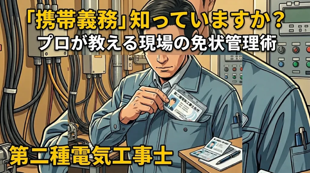 第二種電気工事士の免状を胸ポケットに収納するイラスト。テキスト： 「携帯義務」知っていますか？プロが教える現場の免状管理術。