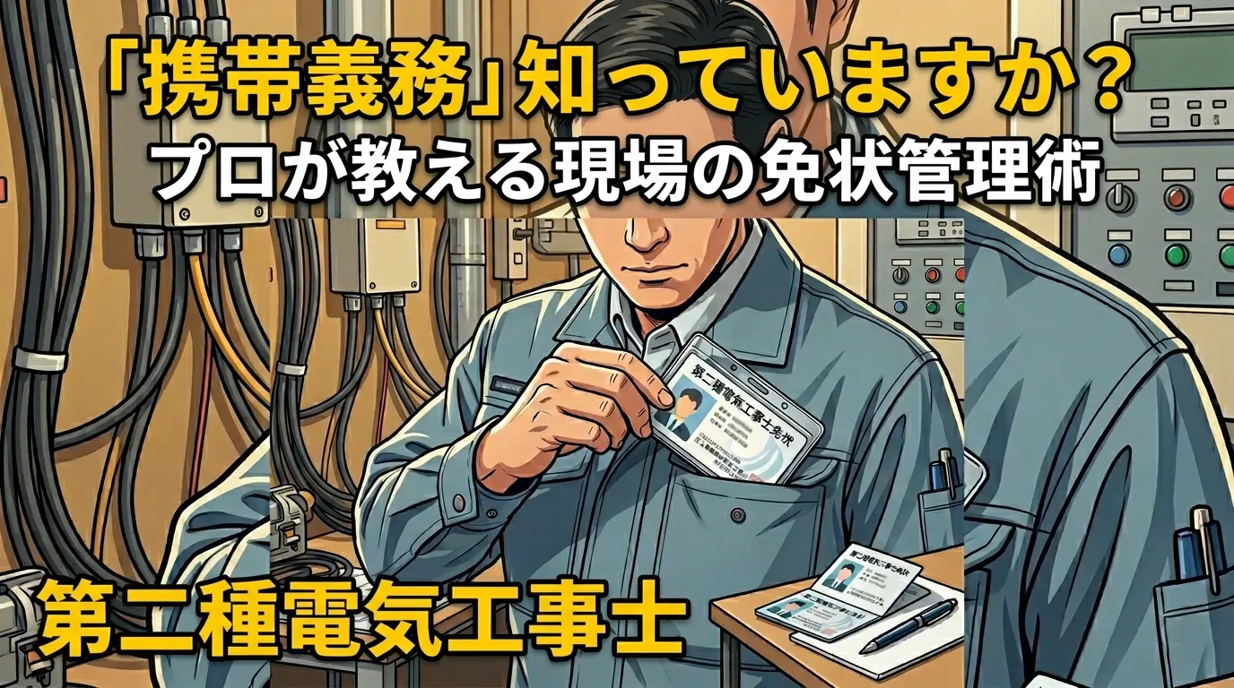 第二種電気工事士の免状を胸ポケットに収納するイラスト。テキスト： 「携帯義務」知っていますか？プロが教える現場の免状管理術。