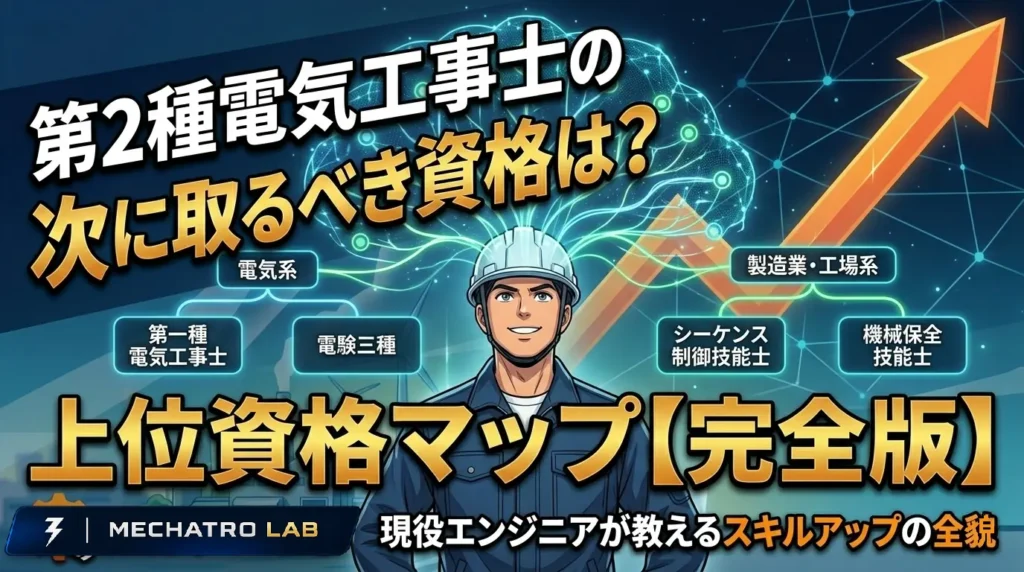 ヘルメットを被った男性エンジニアが、第二種電気工事士を起点としたスキルツリー（上位資格マップ）を見つめている。ツリーは電験三種やシーケンス制御技能士などに分岐しており、背景には上昇矢印と工場のシルエットが描かれている。記事タイトル「第二種電気工事士の次に取るべき資格は？上位資格マップ【完全版】」が大きく配置されている。