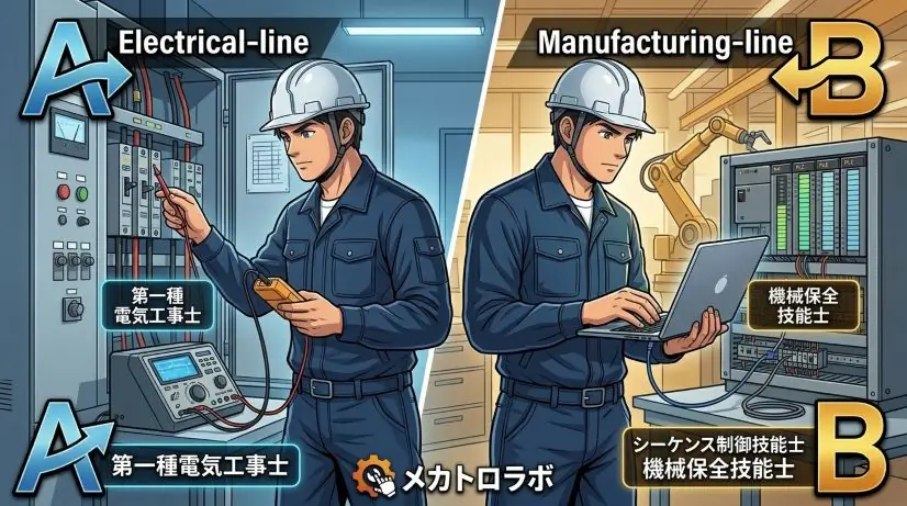 画面中央で左右に分かれた比較イラスト。左側は「電気系」で、電気主任技術者が高圧受電設備を点検している。右側は「製造業・工場系」で、シーケンス制御エンジニアがPLCのデバッグをしている。どちらもヘルメットとネイビーの作業服を着用した同一人物。メカトロラボのロゴ入り。