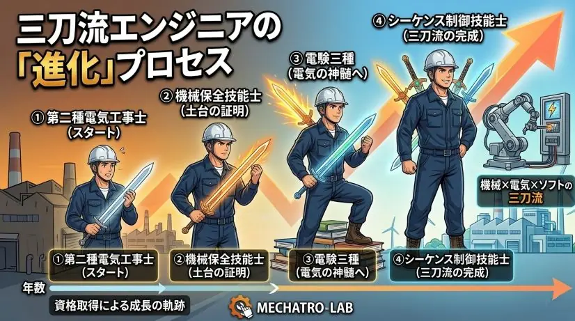 三刀流エンジニアが「第二種電気工事士(スタート)」から始まり、「機械保全技能士(土台の証明)」「電験三種(電気の神髄へ)」を経て、「シーケンス制御技能士(三刀流の完成)」へと至る4段階の進化プロセスを描いたイラスト。段階を追うごとにエンジニアが装備する光る資格剣が増え、背景の上昇矢印と共に年収とスキルが成長していく軌跡を表現している。メカトロラボのロゴ入り。