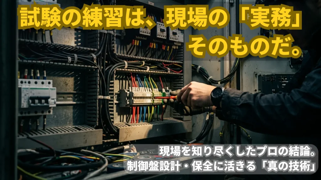 薄暗い制御盤内でヘッドライトを使い、精密な配線作業を行う熟練エンジニアの手元。第二種電気工事士の技能試験で学ぶ技術が、実際の設計・保守現場でどう役立つかを解説。