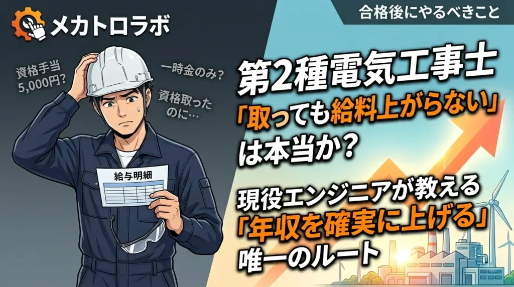 第2種電気工事士を取っても給料が上がらない現実に悩むエンジニア。資格手当の実態と年収を上げるルートを解説するメカトロラボの記事アイキャッチ