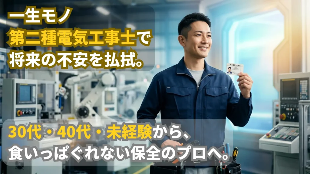 第二種電気工事士の合格証書を手に、未来を見据えて微笑む40代未経験の保全エンジニア。背景には明るい光が差し込む工場設備。「30代・40代未経験から、一生モノの資格で保全のプロへ」というテキストが配置されている。メカトロラボのアイキャッチ。
