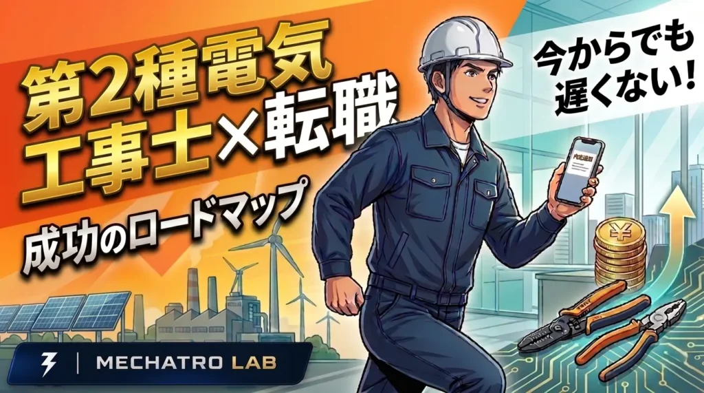 第二種電気工事士の免状を持ち、転職成功のロードマップへ向かって一歩踏み出す工場エンジニアのイラスト