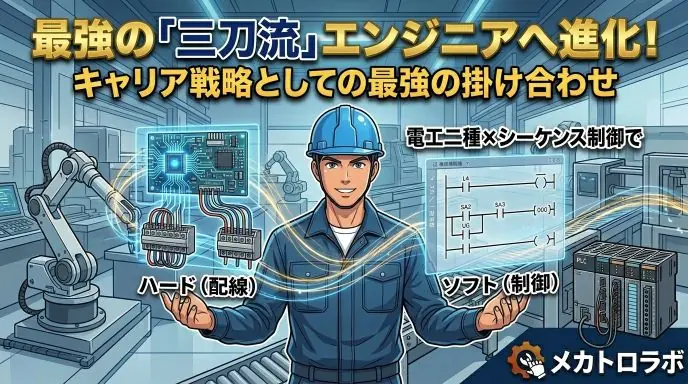 ハード(配線技術)とソフト(制御プログラミング)の両面を兼ね備えた「三刀流エンジニア」のスキル体系図。中央のエンジニアが両方の技術を自在に操るイメージ。