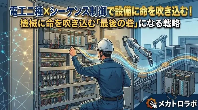 工場の制御盤に向き合い、PLCの配線とプログラムを確認しながら設備に命を吹き込むエンジニアの姿。電工二種の技術とシーケンス制御が融合する実践的なシーン。