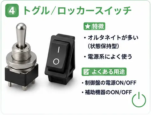 トグルスイッチ / ロッカースイッチについて、説明する画像