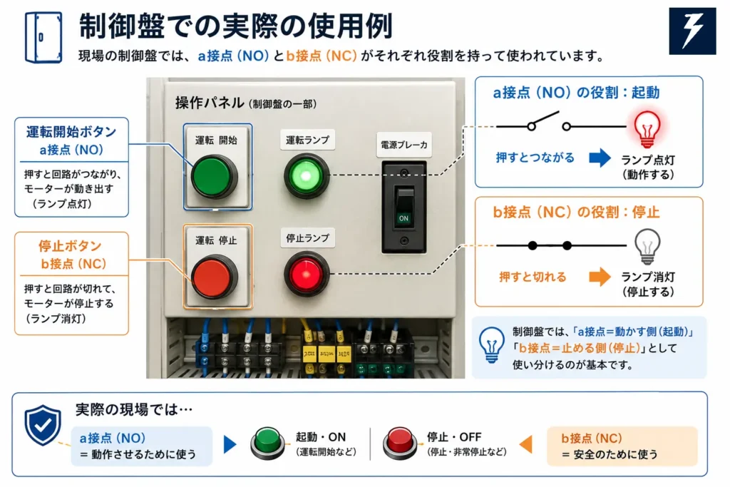 制御盤の起動ボタンと停止ボタンに使われるa接点・b接点の使用例図