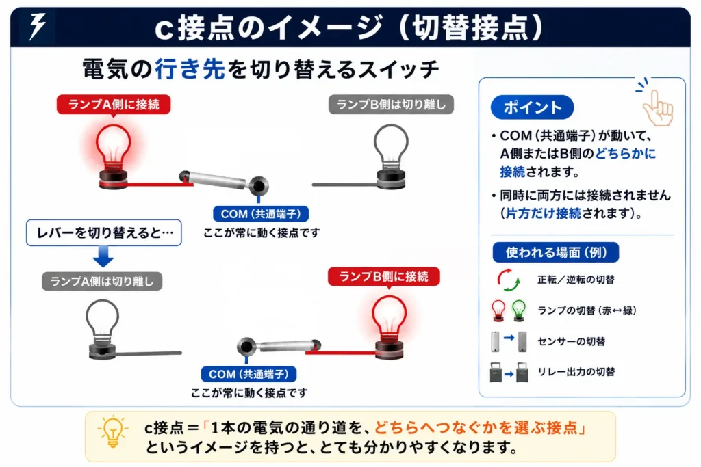 c接点の切替動作を解説した図。共通端子(COM)から左右どちらかの回路へ電気が切り替わり、片側のランプだけが点灯する仕組みを示している。