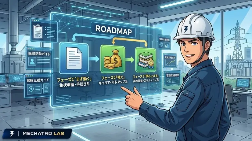 手続き・稼ぐ・積み上げるの3つのフェーズをフローチャートで示すロードマップのイラスト。