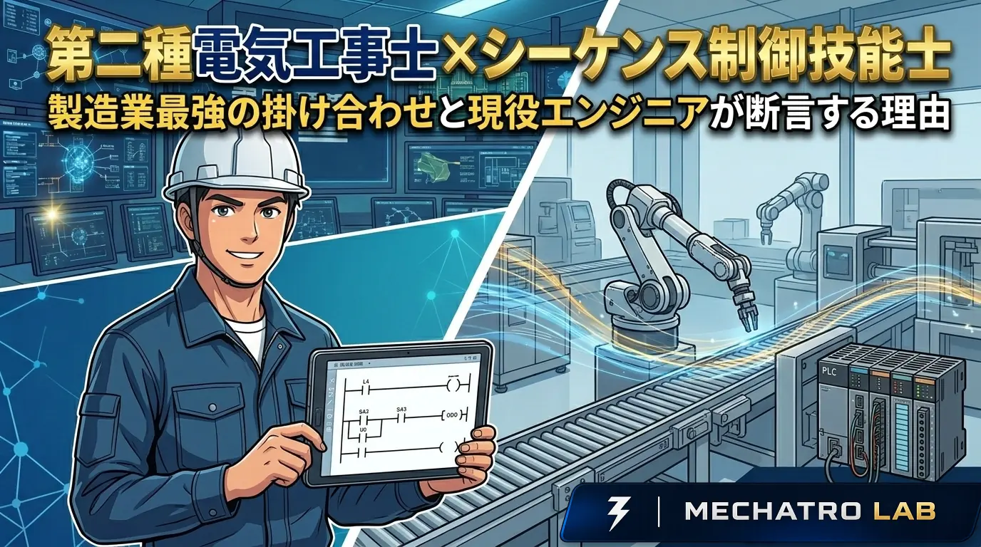 第二種電気工事士とシーケンス制御技能士の資格を掛け合わせた、製造業最強のエンジニアをイメージしたアイキャッチ画像。左側に正面を向いた現役エンジニア、右側に稼働する工場の自動化ラインとPLCが描かれている。