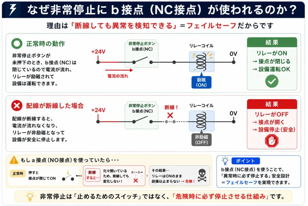 非常停止ボタンにb接点(NC接点)が使われる理由を解説したフェイルセーフ図。正常時と断線時の電流の流れを比較し、断線時に安全停止する仕組みを示している。
