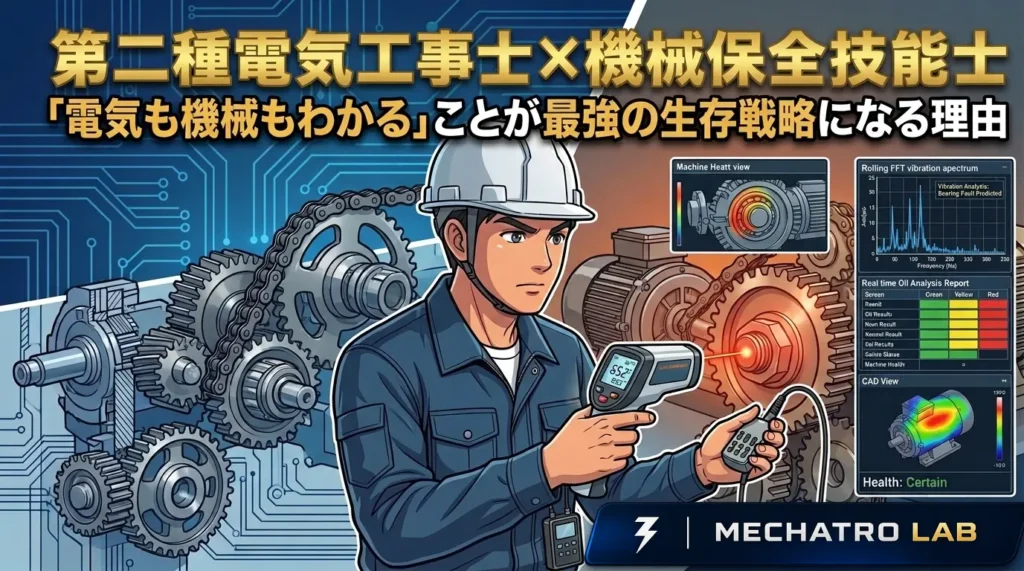 ヘルメットを被り診断ツールを持つエンジニアと、背景に広がる電気回路と複雑な機械設備のイラスト。