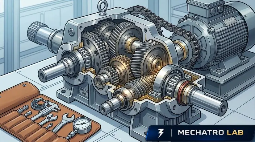 複雑に噛み合う多数の歯車や軸受、モーターが並ぶ、精密な機械減速機の断面イラスト。