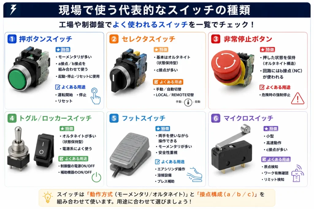 工場や制御盤で使われる代表的なスイッチの種類を一覧でまとめた図。押ボタンスイッチ、セレクタスイッチ、非常停止ボタン、トグルスイッチ、フットスイッチ、マイクロスイッチの特徴と用途を解説している。