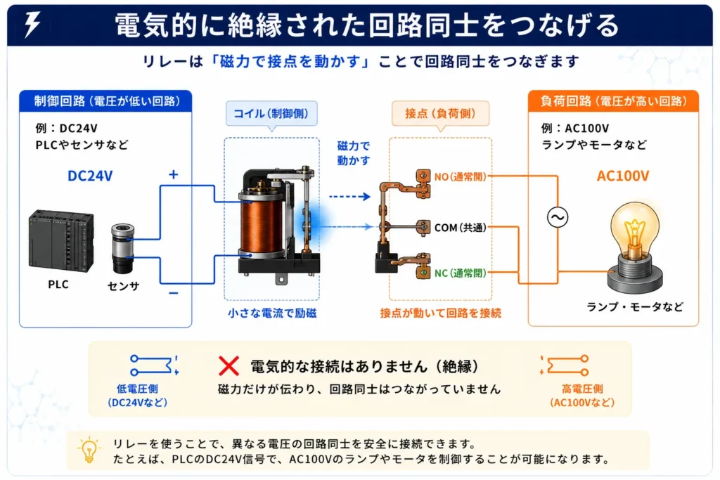 リレーによる電気的絶縁の仕組みを解説した図。PLCのDC24V回路とAC100V負荷回路を安全に分離して制御する例