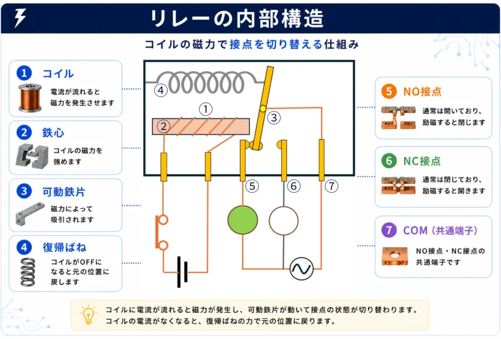 リレーの内部構造図。コイル、鉄心、可動鉄片、復帰ばね、NO接点、NC接点、COM（共通端子）の役割を解説
