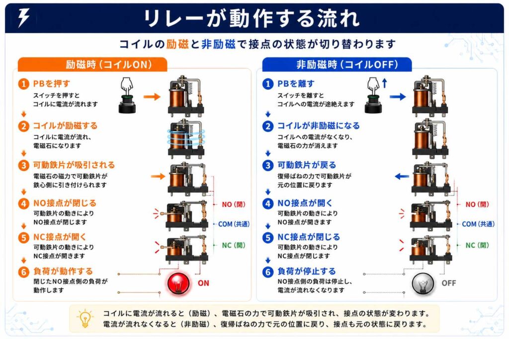 リレーの動作フロー図。PB操作によりコイルが励磁し、NO接点とNC接点が切り替わる仕組みを解説