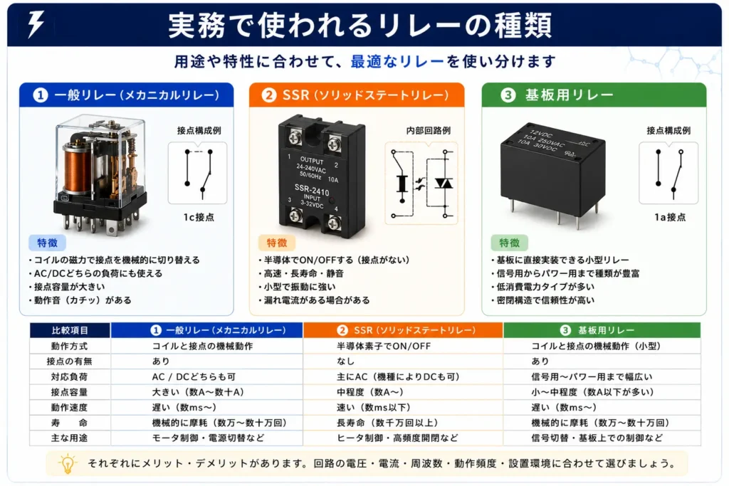 一般リレー、SSR（ソリッドステートリレー）、プリント基板用リレーの特徴と違いを比較した図