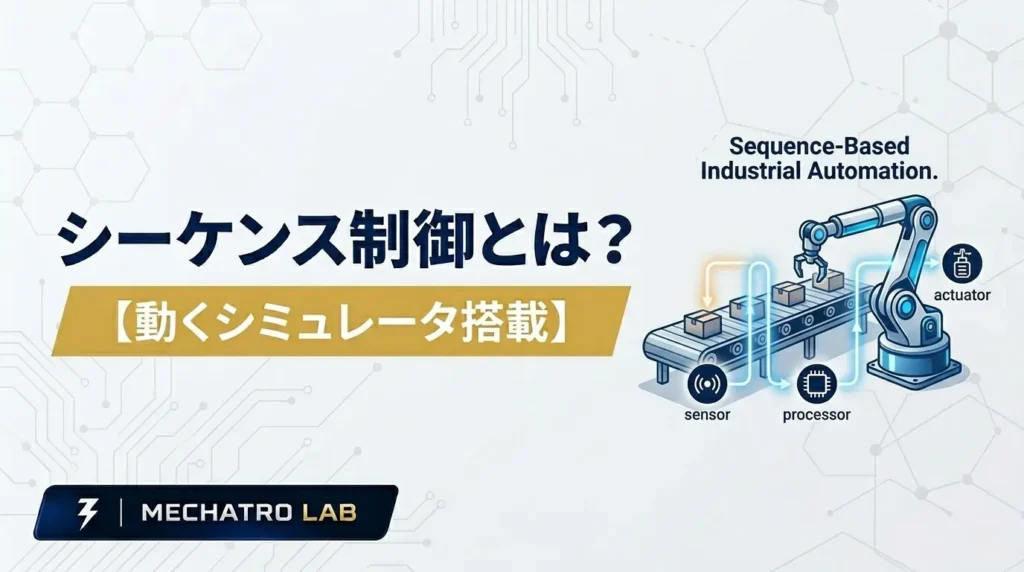 シーケンス制御とPLCの仕組みを解説するアイキャッチ画像（動くシミュレータ搭載・MECHATRO LABロゴ入り）