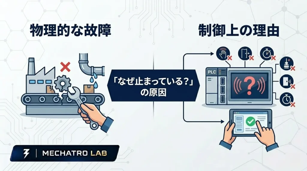 工場の設備が止まる原因を「物理的な故障(破損・液漏れ)」と「制御上の理由(PLC・条件待ち)」の絵で比較した図解