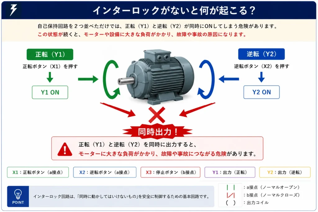 インターロック回路が必要な理由を示したイメージ図。モーターの正転と逆転を同時に出力すると設備に負荷がかかる危険性を表現。