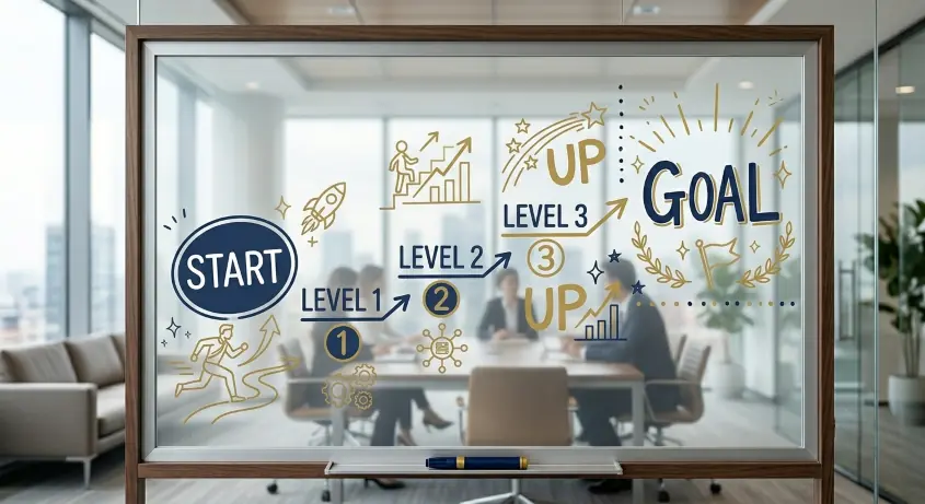 レベルチェック問題の導入イメージ：ホワイトボードに書かれたLEVEL1、LEVEL2、LEVEL3の文字