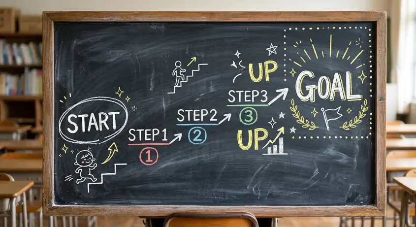 ステップアップのイメージ:黒板に書かれたSTEP1、STEP2、STEP3の文字