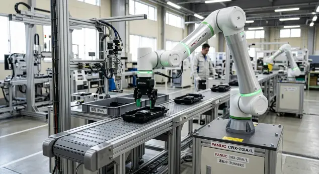 ロボットと周辺設備の衝突や干渉を防ぐためのインターロック回路の解説に使用する、協働ロボットとコンベアのリアルな写真
