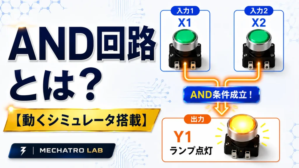 初心者向けのAND回路学習用シミュレータ：ボタンX1とX2の操作でY1が点灯する制御回路の図