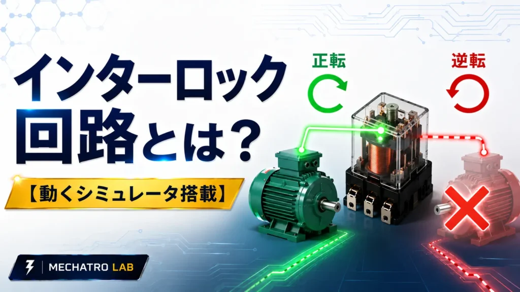 シーケンス制御のインターロック回路を解説するイメージ画像。モーターの正転・逆転を例に同時動作防止の仕組みを表現。
